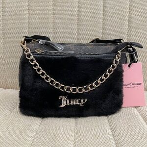 NEW Juicy Couture‎ Black Logo Double Trouble Fur Crossbody Bag